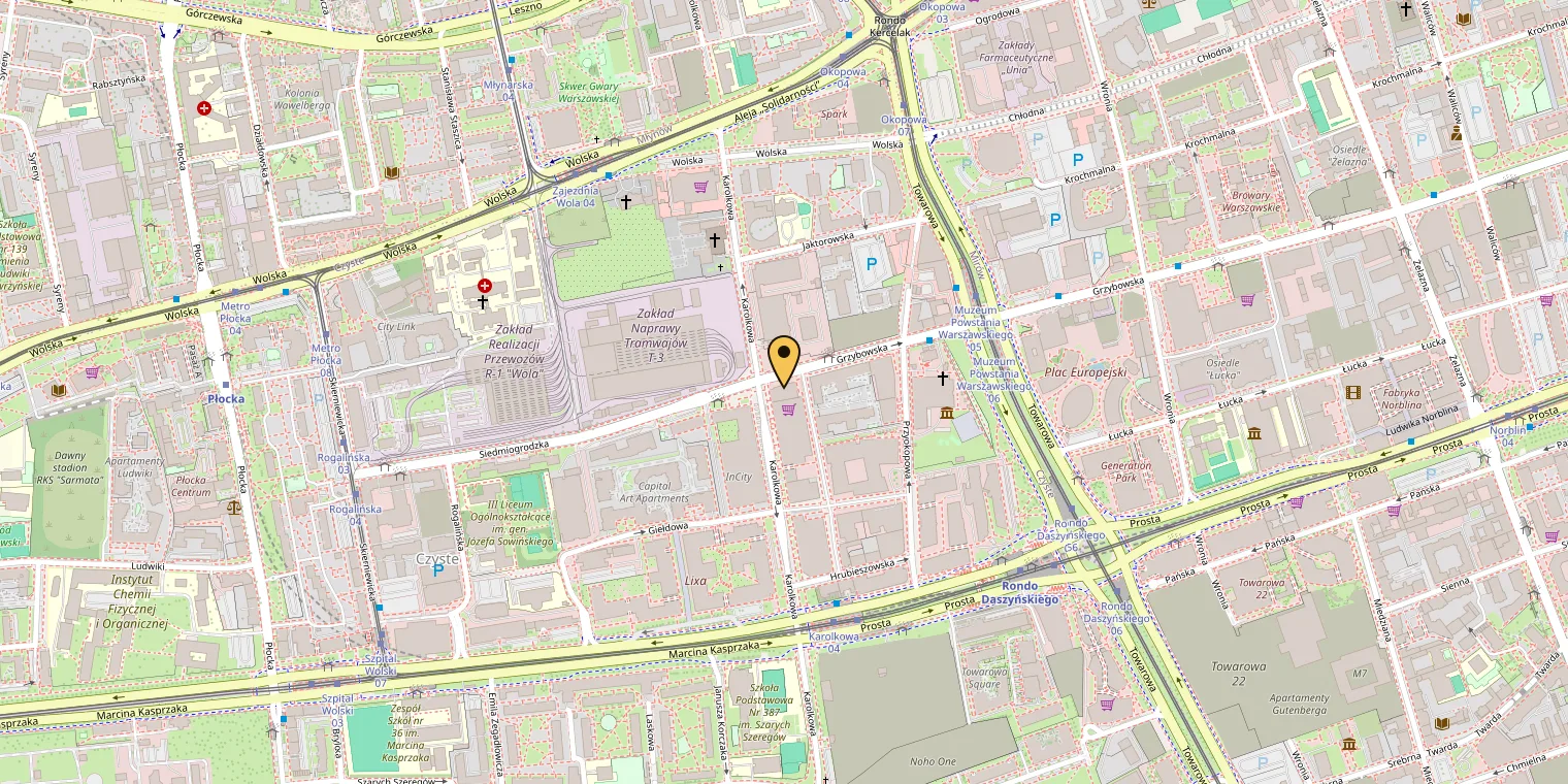 Street map of the Wola district of Warsaw with a pin marking Grzybowska 87, the registered seat of We Are Tech Sp. z o.o.